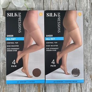 Silk Impressions 20 Denier Sheer Tights and Control Top Pantyhose 2, 4-Packs L